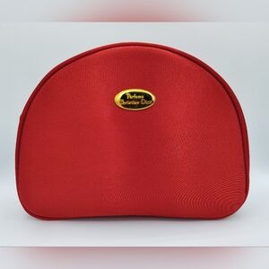 Early 1990s Vintage DIOR Parfum Red Satin Vanity Gold Plaque Vanity Makeup Bag